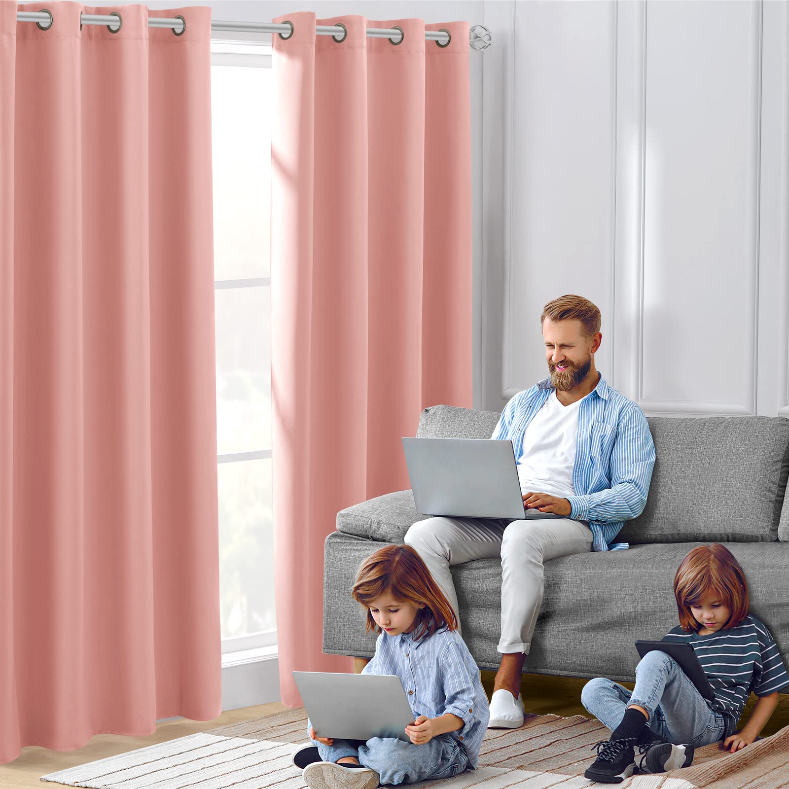 Homeideas Coral Blackout Curtains For Bedroom 52 X 96 Inch Length 2 Panels Set Room Darkening Bedroom Curtains, Soundproof Thermal Grommet Window Curtains For Living Room For Christmas